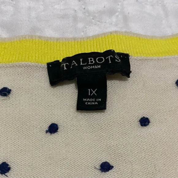 Talbots 1X Lemon Cream Cardigan with Navy Dots and Yellow Trim - Picture 3 of 4